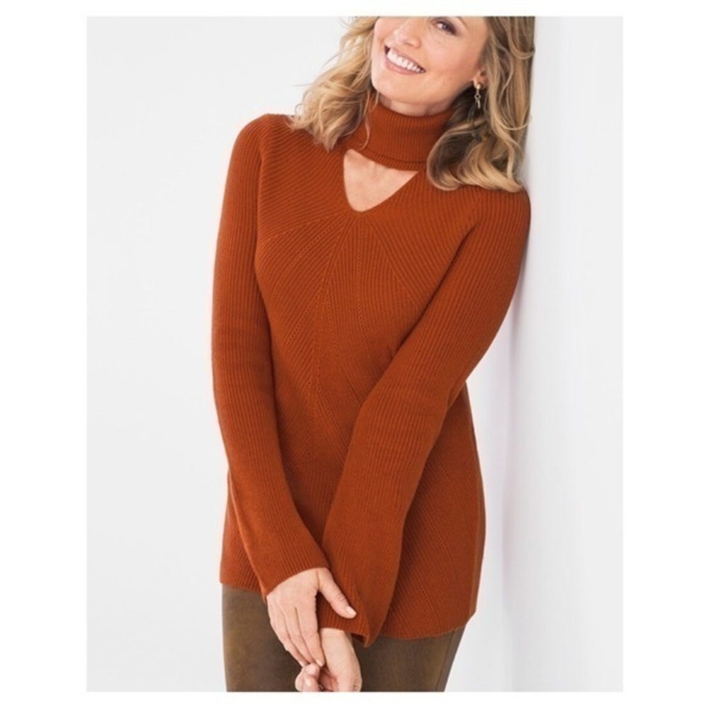 Chico’s Burnt Orange Cutout Turtle Neck Ribbed Wide Cuff Sleeves Medium